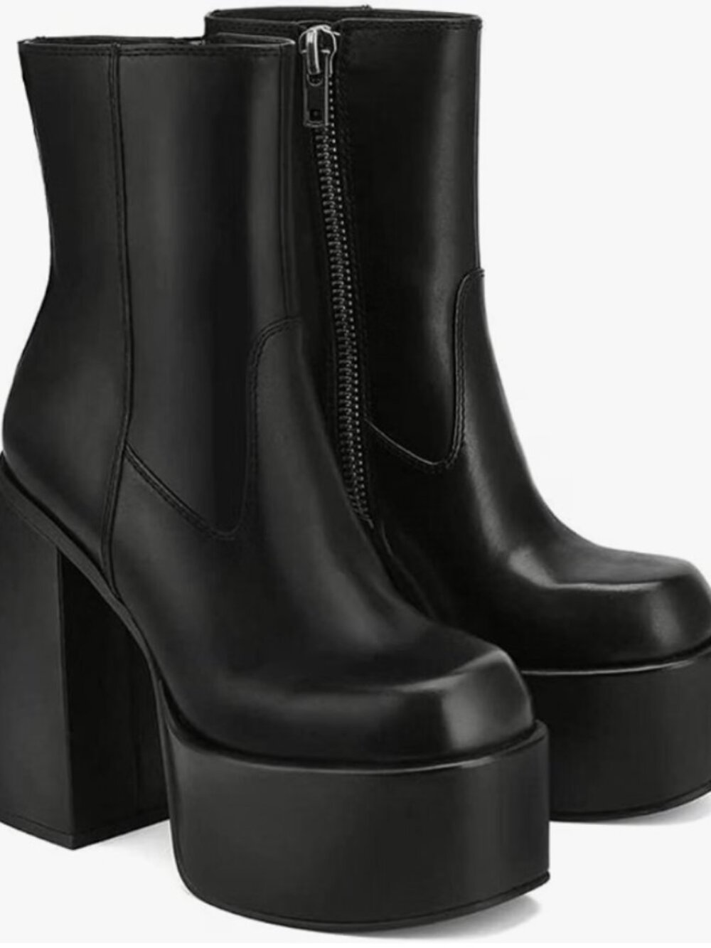 Chunky High Heel Square Toe Side Zipper Pu Leather Stretch Platform GoGo Boots